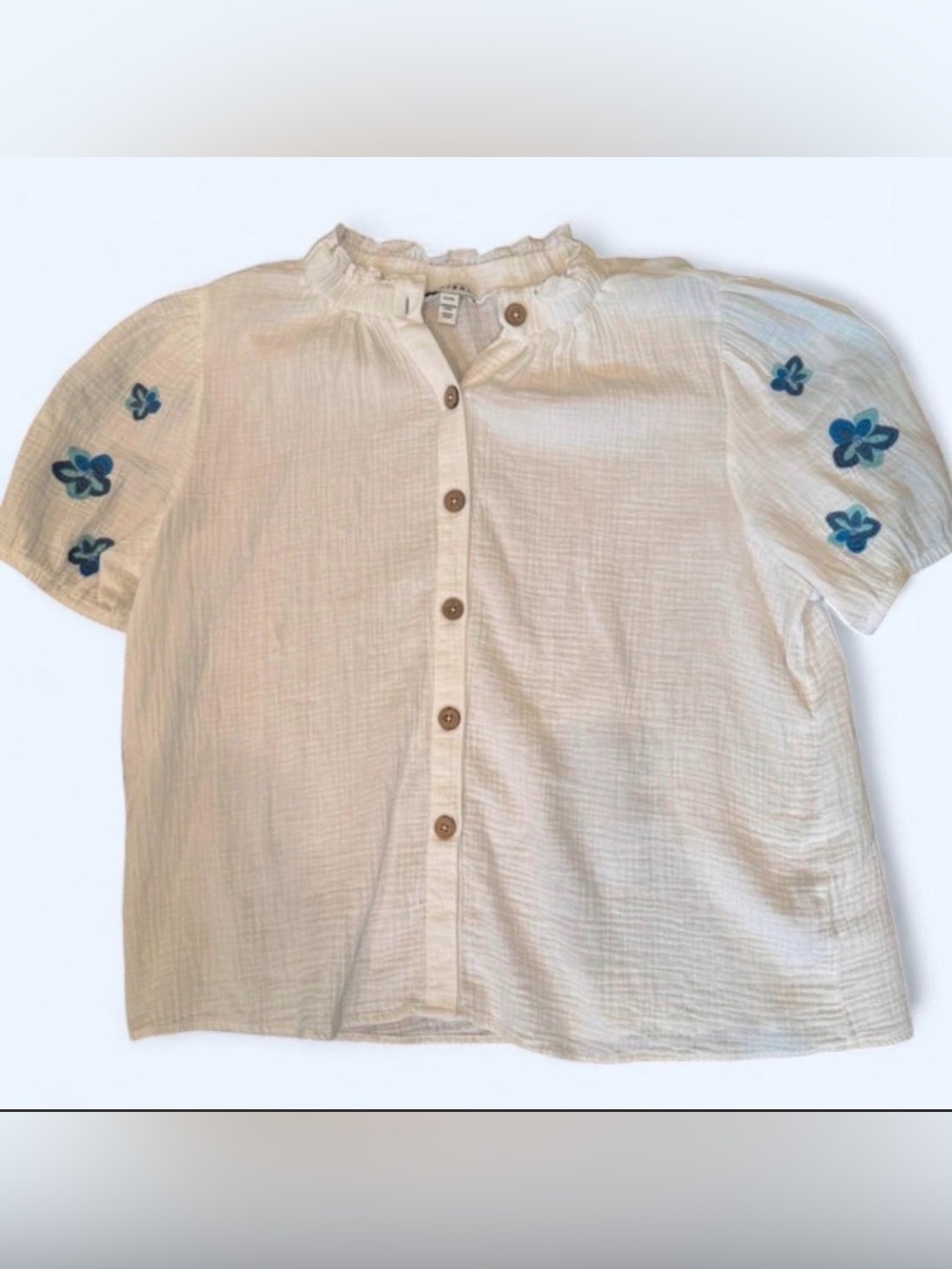 Tribal White Button-Front Blouse with Blue Floral Sleeves XL